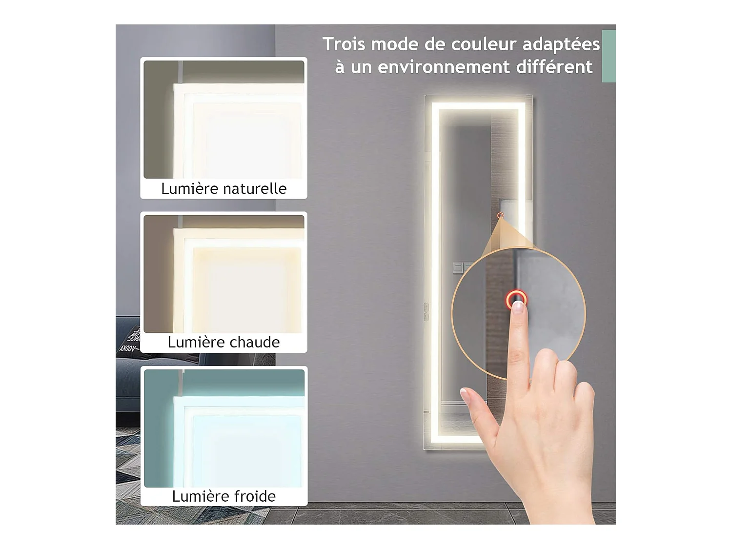 Miroir pleine longueur led, grand miroir led pour porte 120 cm x 37 cm, blanc