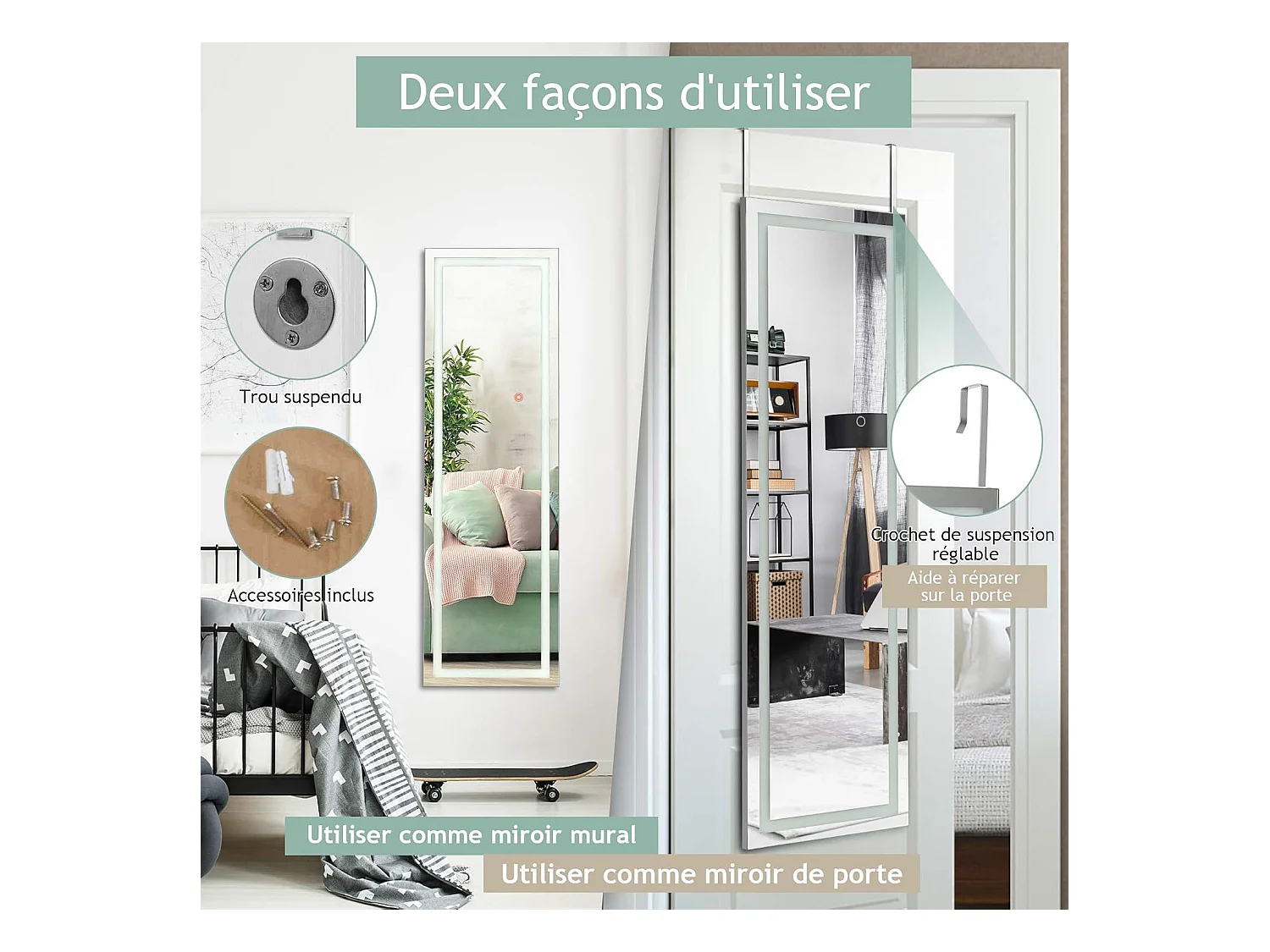 Miroir pleine longueur led, grand miroir led pour porte 120 cm x 37 cm, blanc