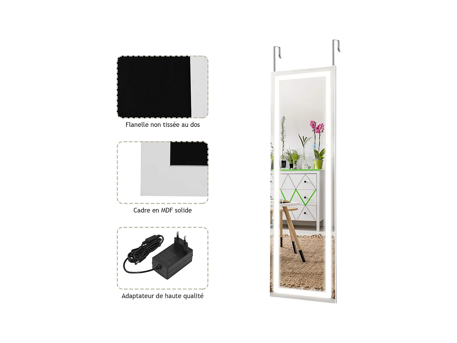 Miroir pleine longueur led, grand miroir led pour porte 120 cm x 37 cm, blanc
