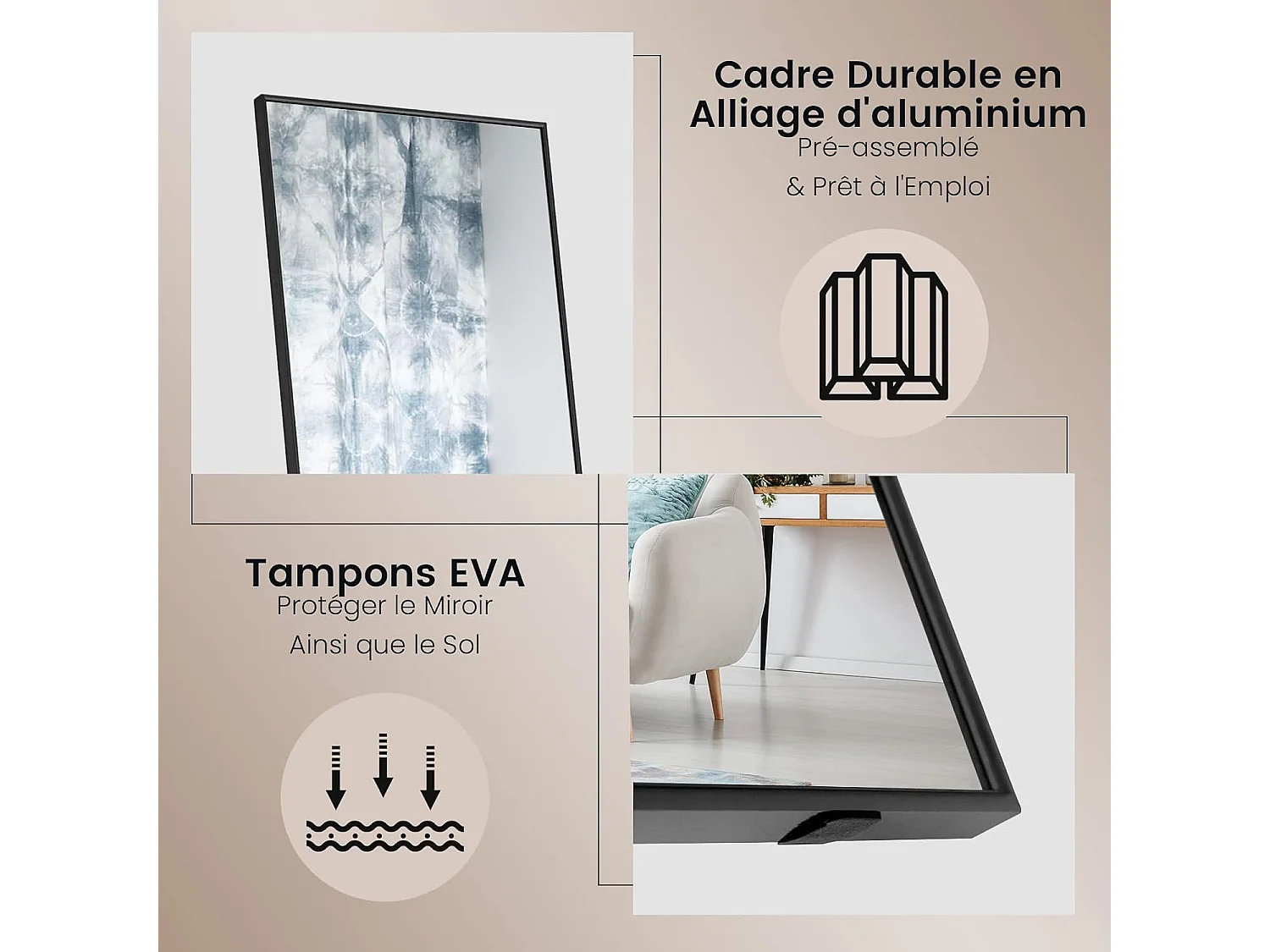 Miroir sur pied rectangulaire-miroir mural, 40 x 60 cm, angle d'inclinaison réglable, noir