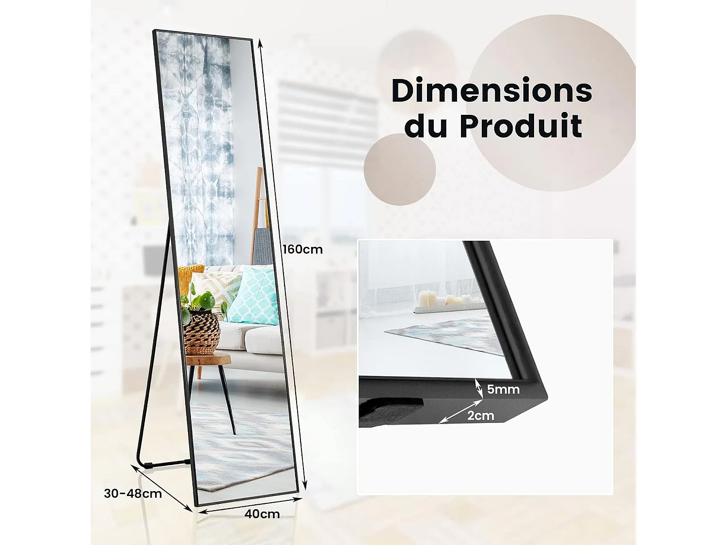 Miroir sur pied rectangulaire-miroir mural, 40 x 60 cm, angle d'inclinaison réglable, noir