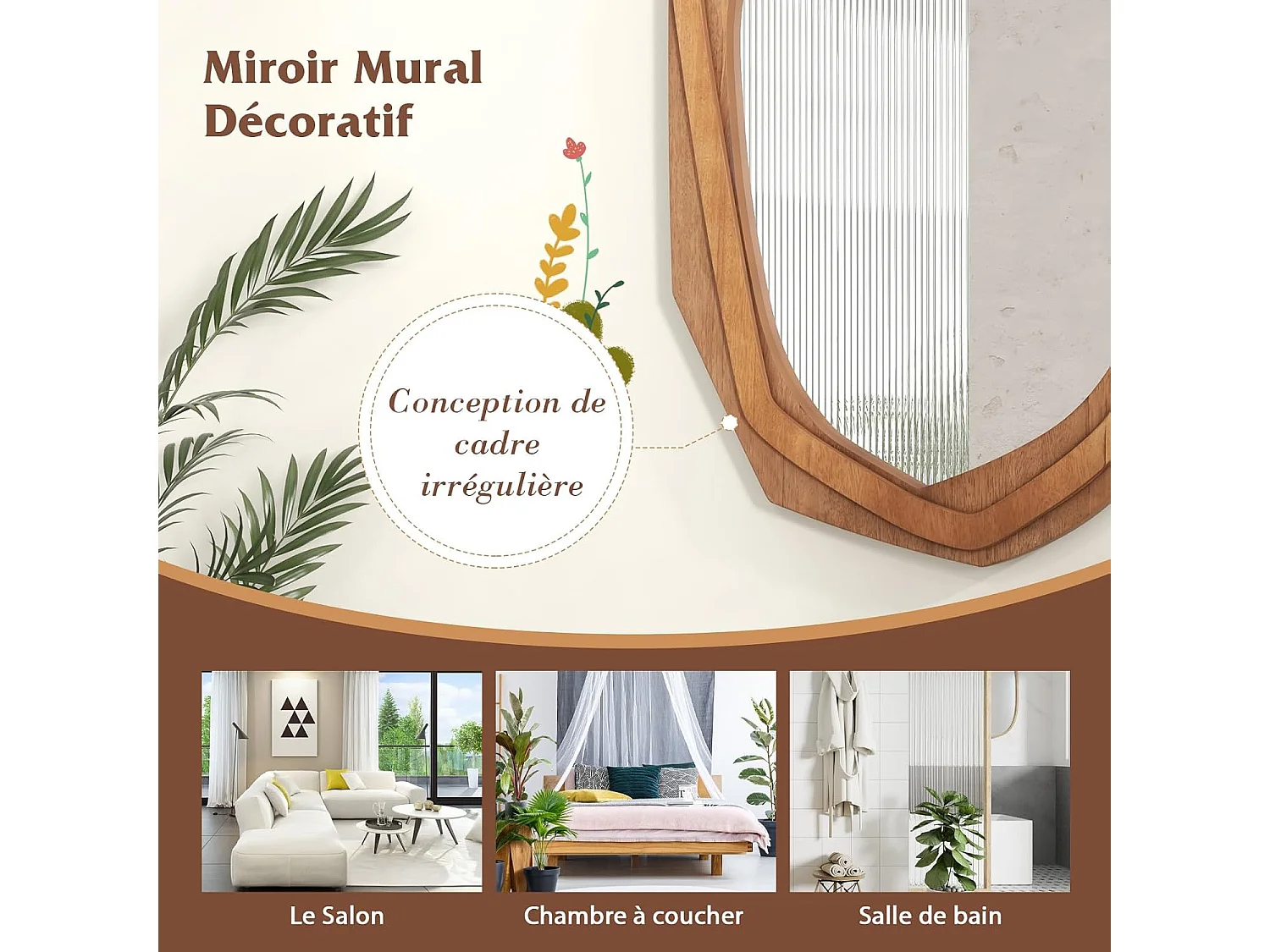Miroir mural rustique avec cadre en bois, miroir en forme irrégulière,66 x 89,5 cm,naturel