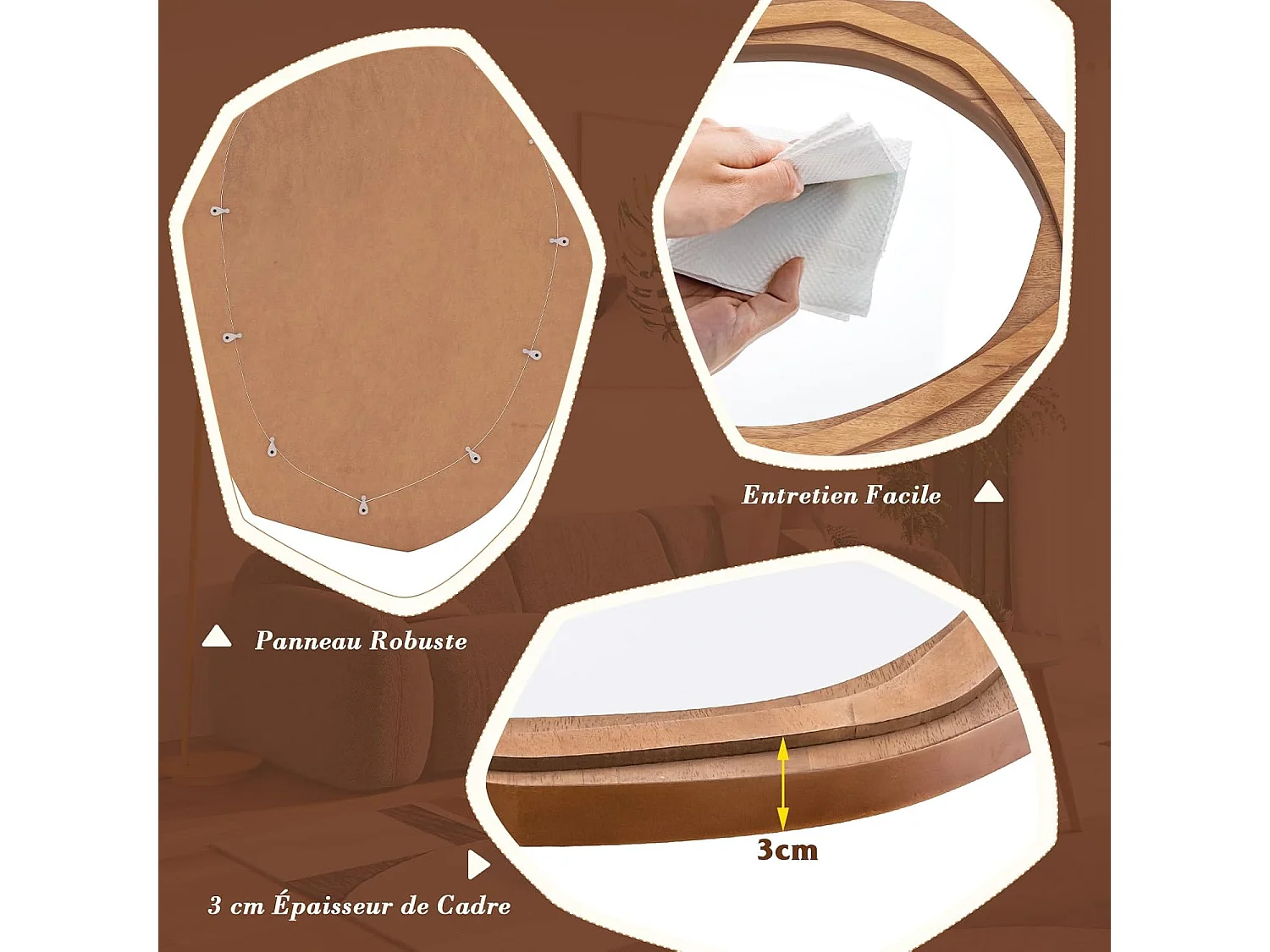 Miroir mural rustique avec cadre en bois, miroir en forme irrégulière,66 x 89,5 cm,naturel