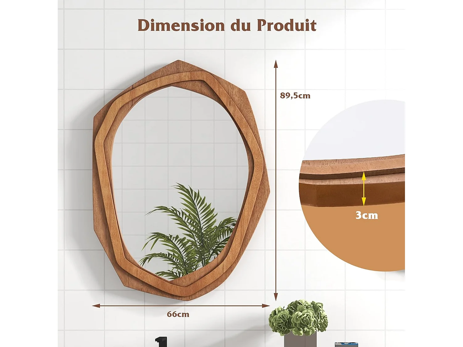 Miroir mural rustique avec cadre en bois, miroir en forme irrégulière,66 x 89,5 cm,naturel