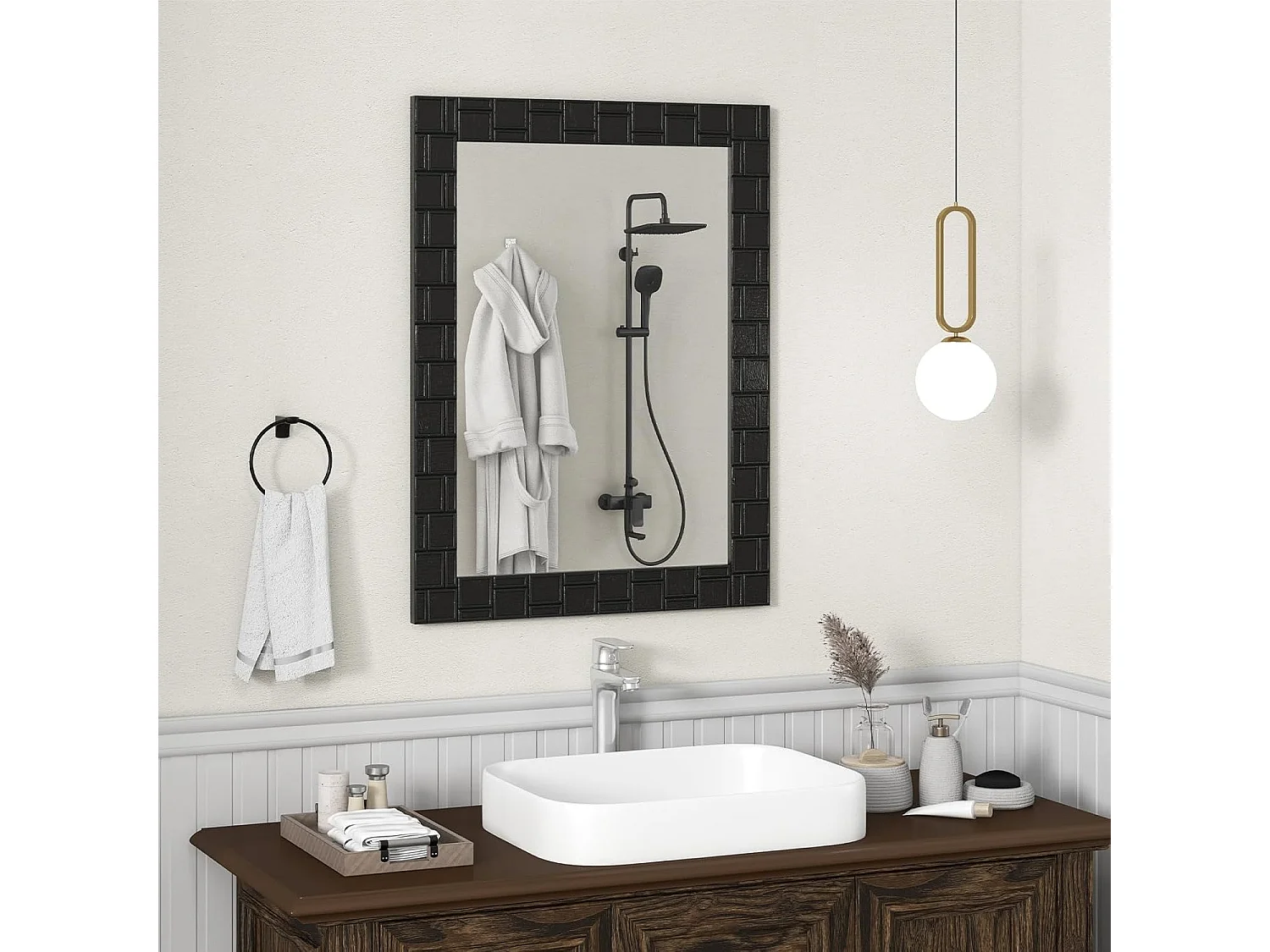 Miroir mural rectangulaire 80 × 60 cm, cadre en bois d’hévéa, miroir suspendu moderne