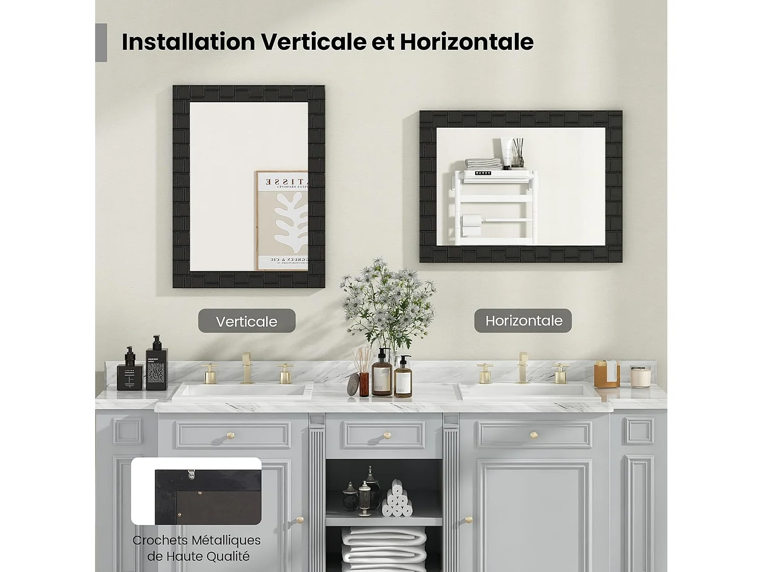 Miroir mural rectangulaire 80 × 60 cm, cadre en bois d’hévéa, miroir suspendu moderne