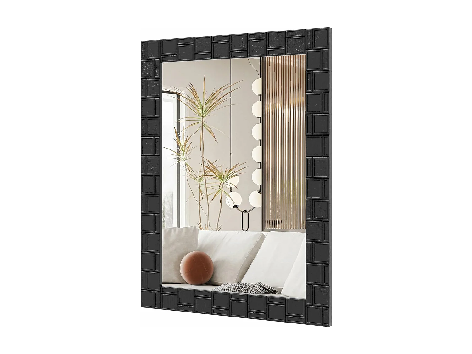 Miroir mural rectangulaire 80 × 60 cm, cadre en bois d’hévéa, miroir suspendu moderne