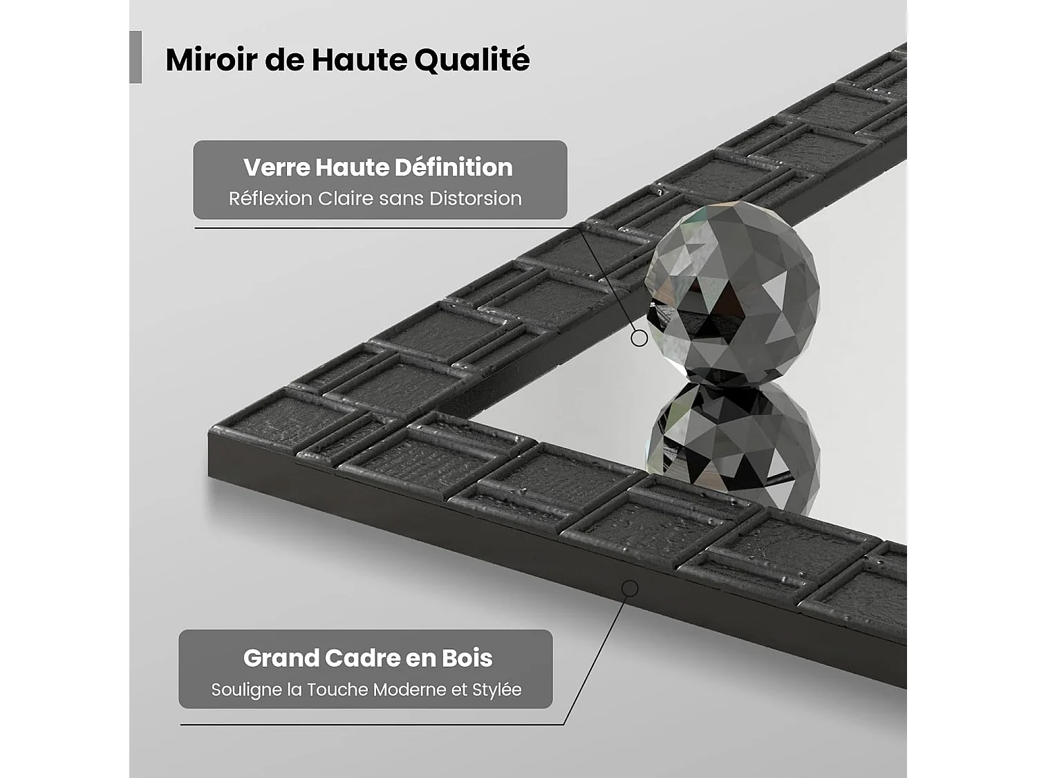 Miroir mural rectangulaire 80 × 60 cm, cadre en bois d’hévéa, miroir suspendu moderne