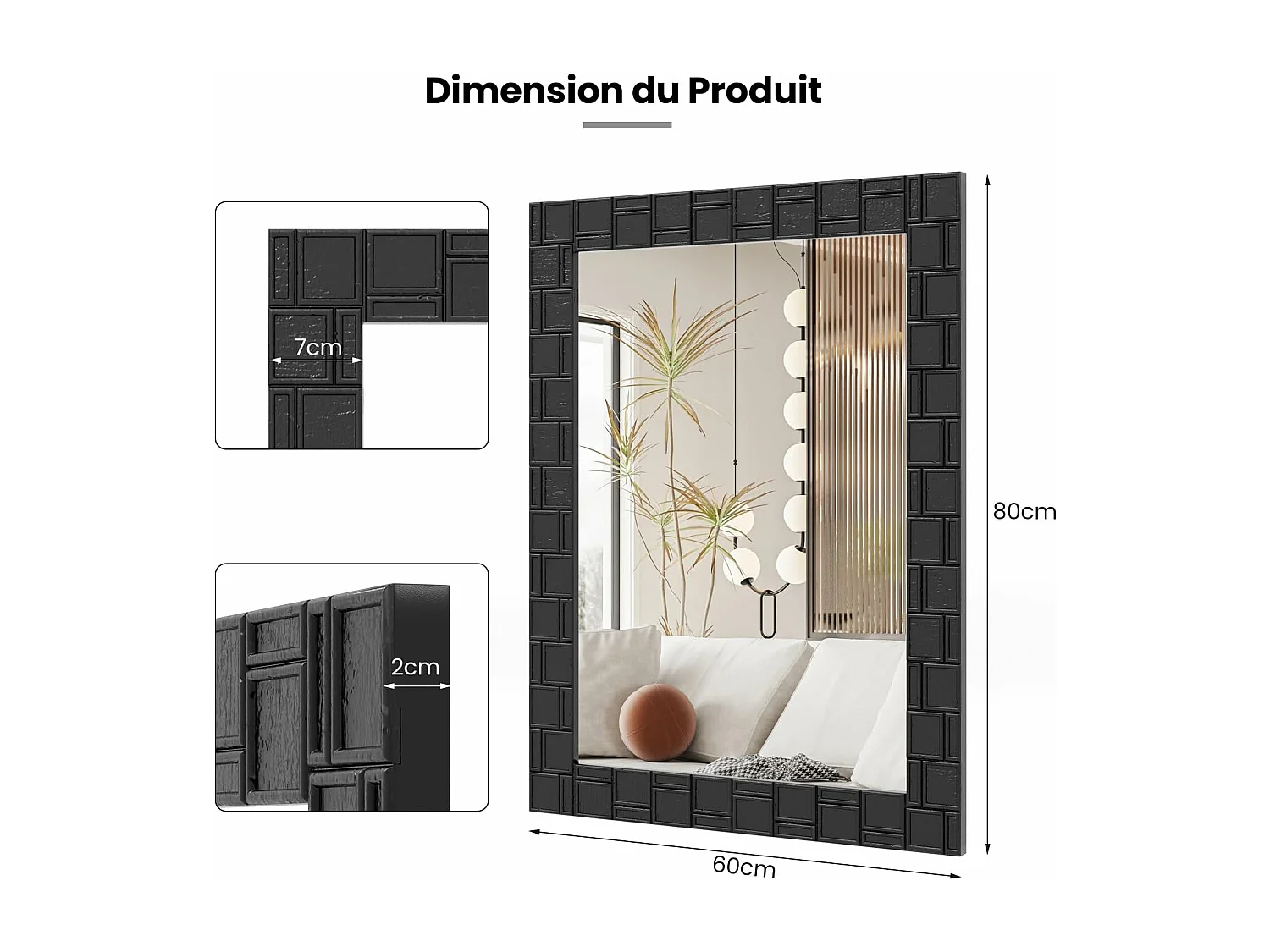 Miroir mural rectangulaire 80 × 60 cm, cadre en bois d’hévéa, miroir suspendu moderne