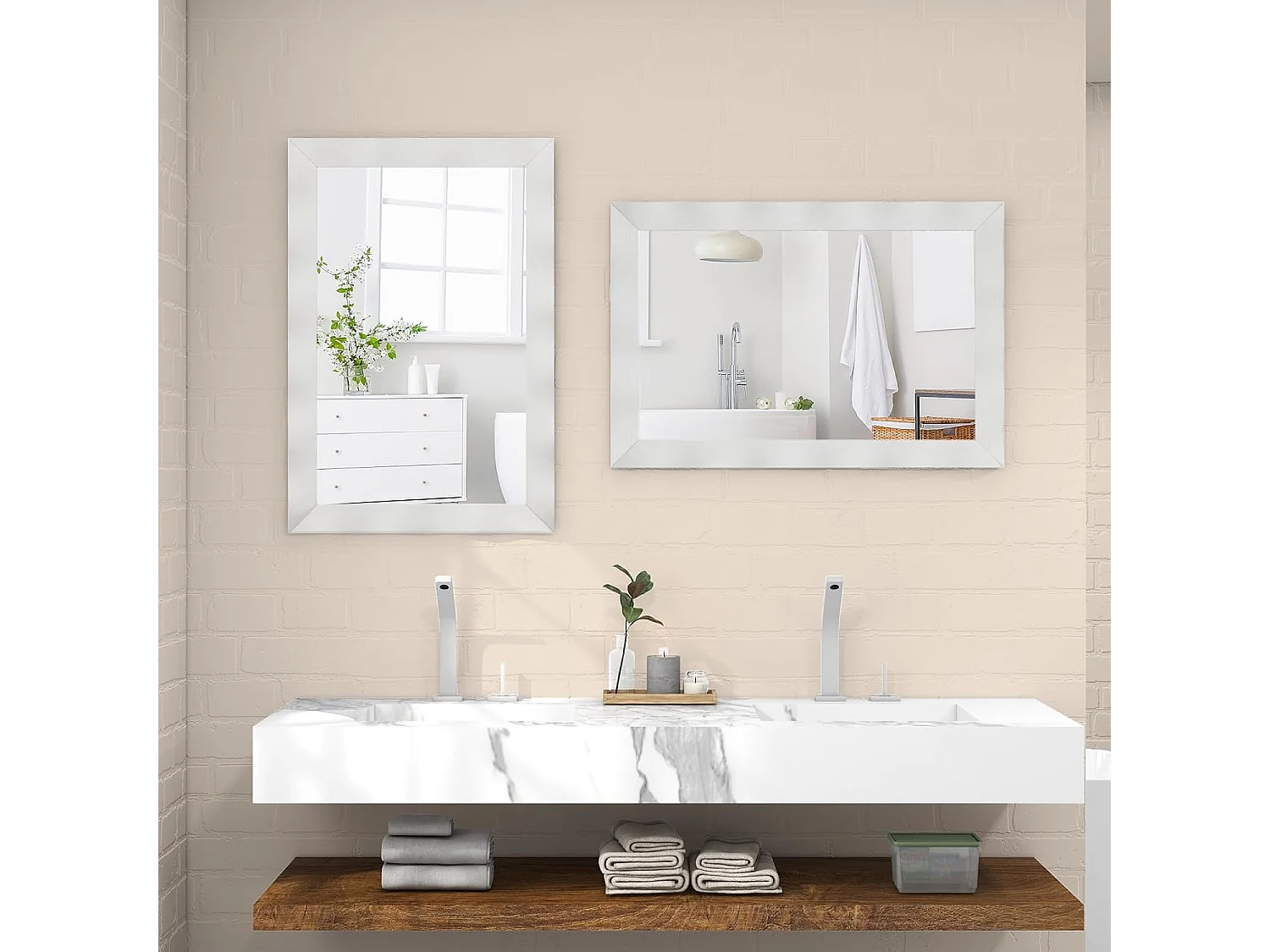 Miroir mural rectangulaire 106 × 71.5 cm, suspension verticale & horizontale (blanc)