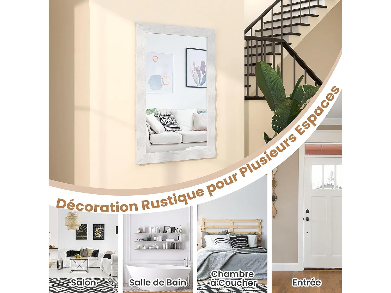 Miroir mural rectangulaire 106 × 71.5 cm, suspension verticale & horizontale (blanc)