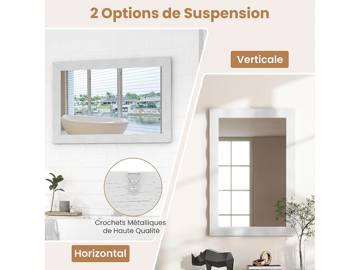 Miroir mural rectangulaire 106 × 71.5 cm, suspension verticale & horizontale (blanc)