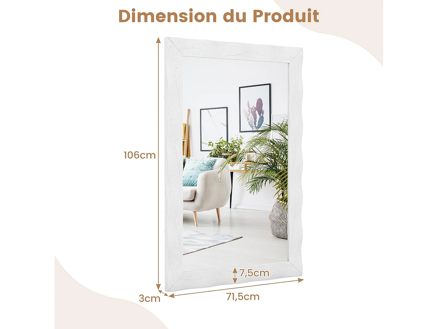Miroir mural rectangulaire 106 × 71.5 cm, suspension verticale & horizontale (blanc)