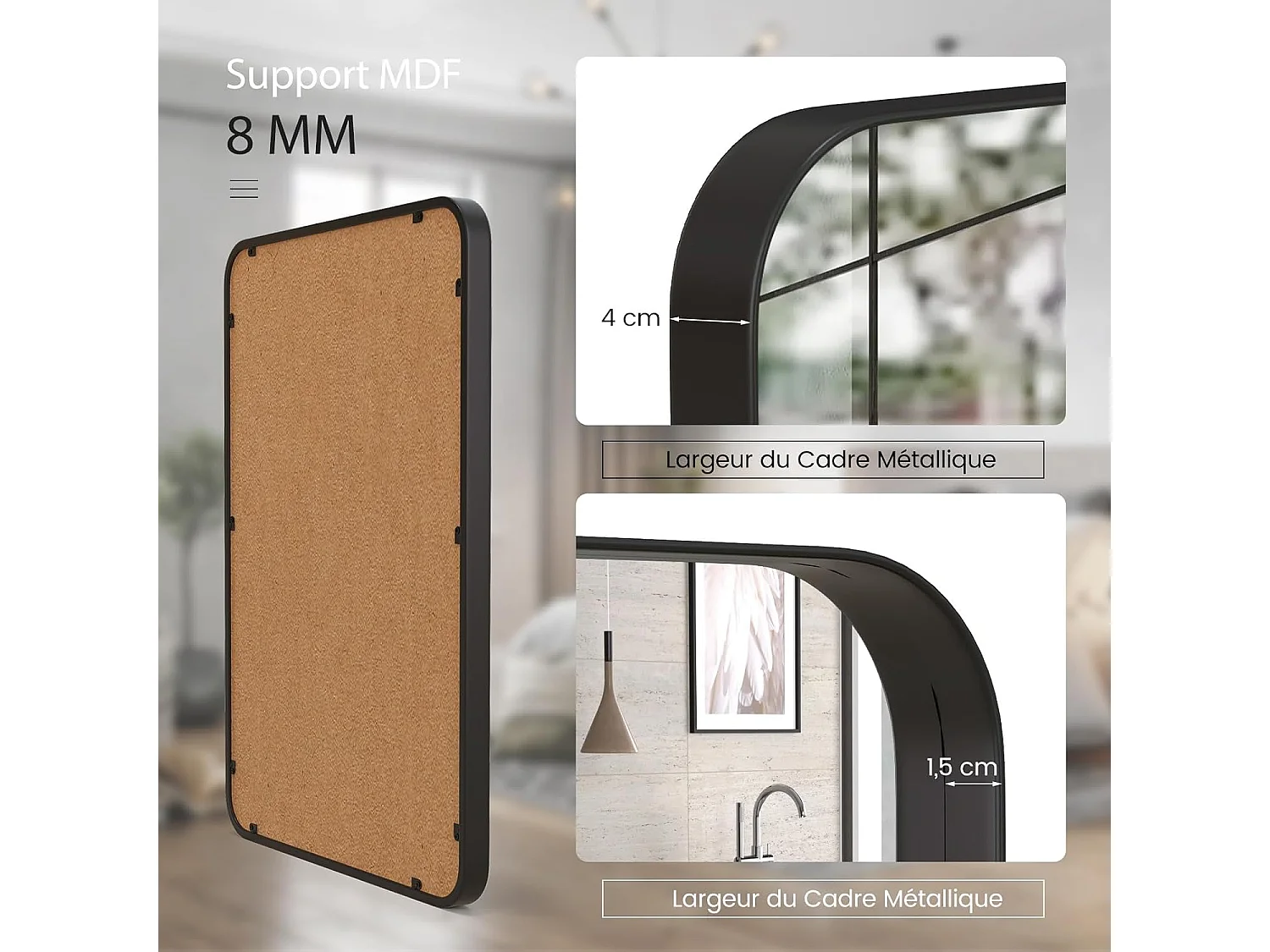 Miroir mural de salle de bain 51 x 81 cm, cadre en métal et coins arrondis, noir