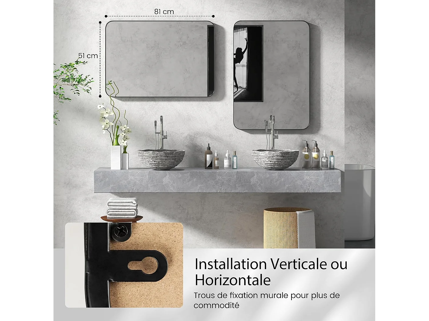 Miroir mural de salle de bain 51 x 81 cm, cadre en métal et coins arrondis, noir