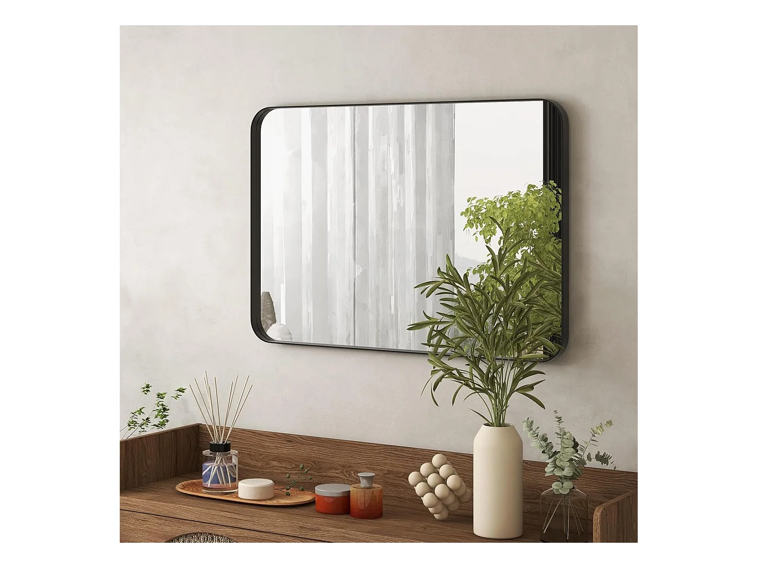 Miroir mural de salle de bain 51 x 81 cm, cadre en métal et coins arrondis, noir