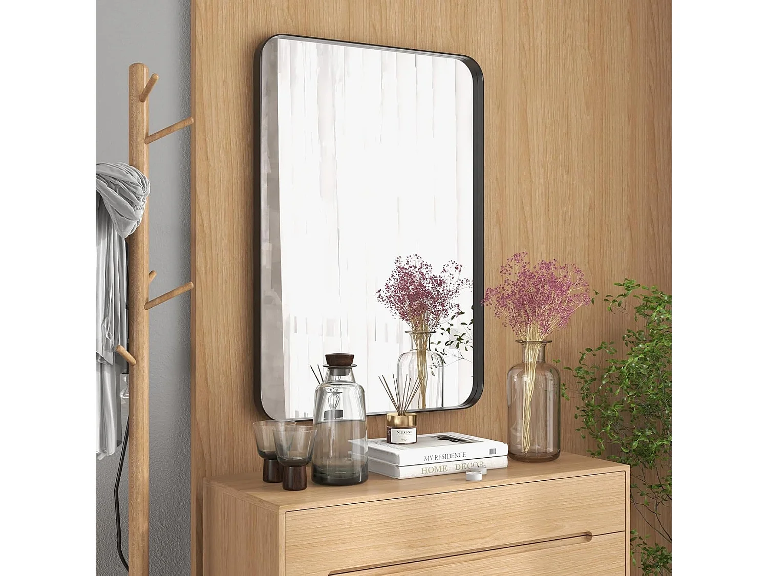 Miroir mural de salle de bain 51 x 81 cm, cadre en métal et coins arrondis, noir