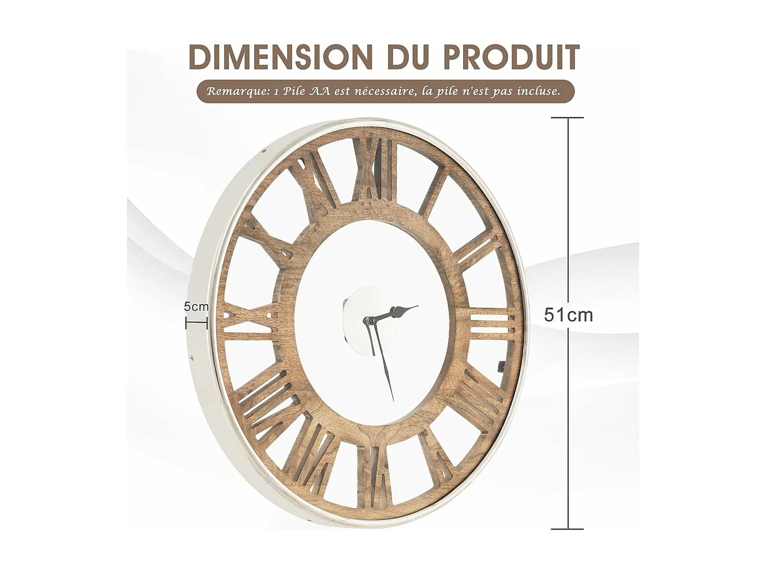 Horloge murale silencieuse de 51 cm, horloge ronde pour chambre bureau salon, bois naturel