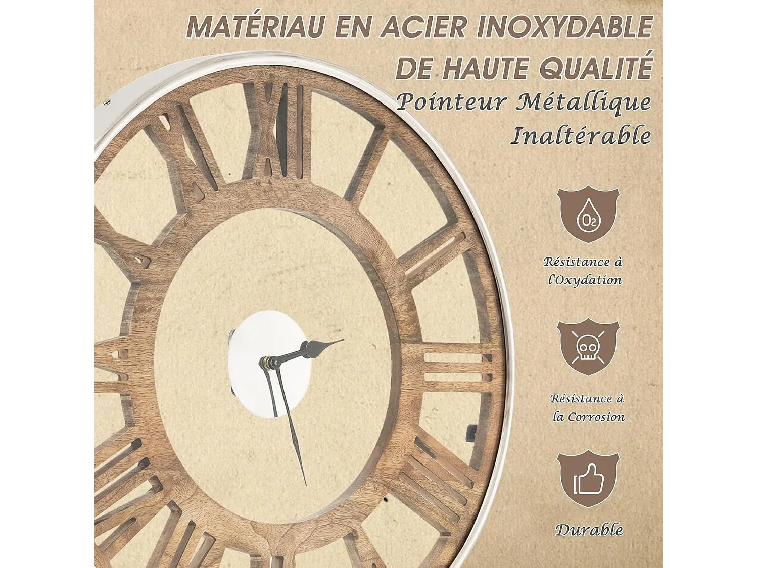 Horloge murale silencieuse de 51 cm, horloge ronde pour chambre bureau salon, bois naturel