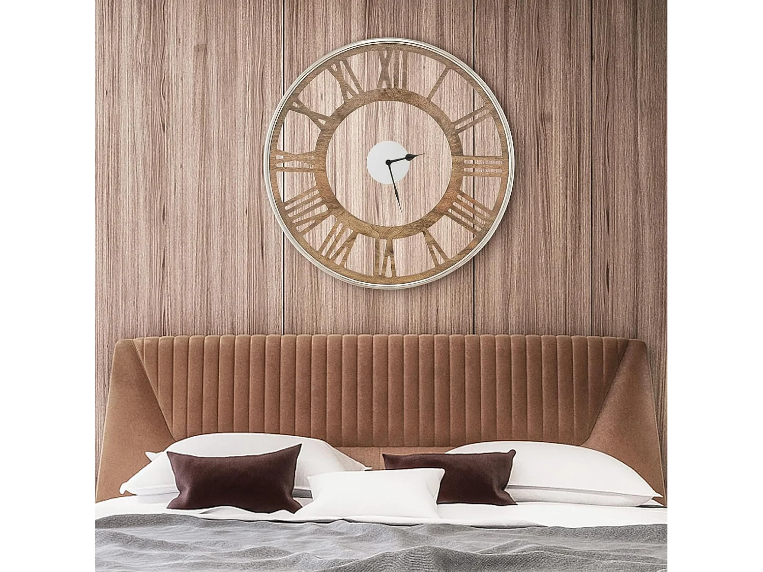 Horloge murale silencieuse de 51 cm, horloge ronde pour chambre bureau salon, bois naturel