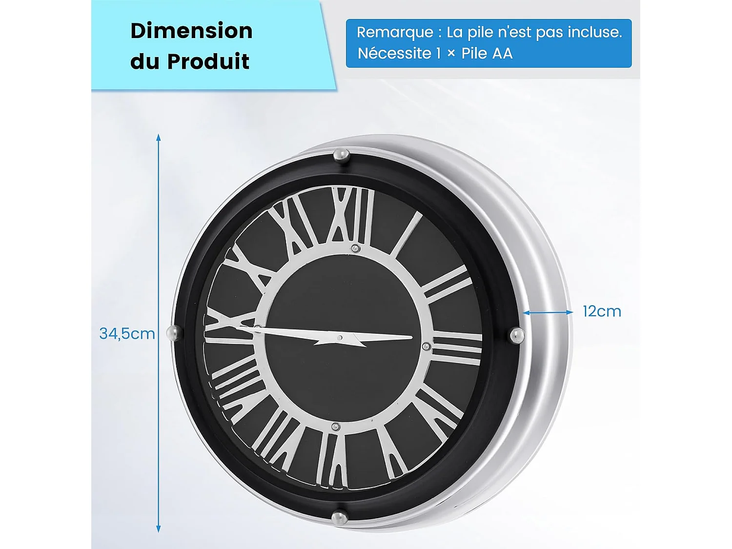 Horloge murale silencieuse de 34,5 cm, horloge ronde pour chambre bureau salon,noir+argent