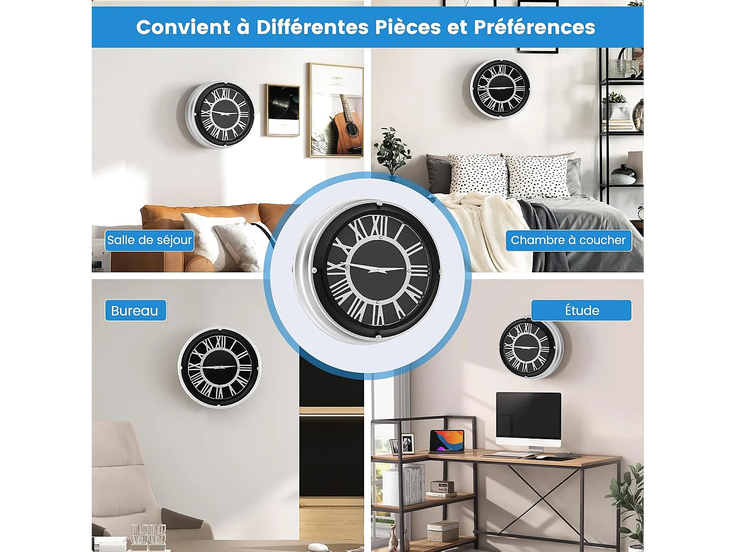Horloge murale silencieuse de 34,5 cm, horloge ronde pour chambre bureau salon,noir+argent
