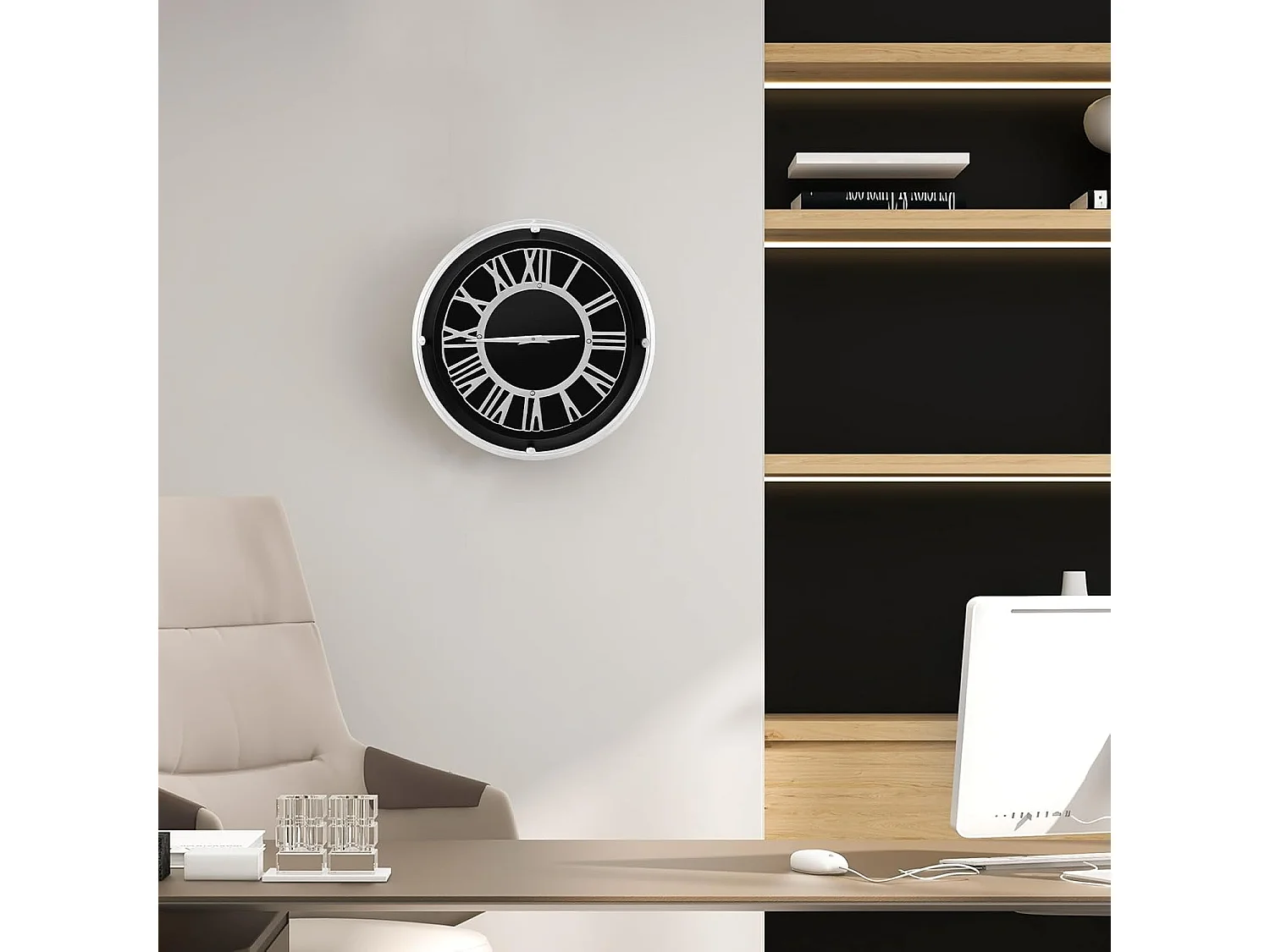 Horloge murale silencieuse de 34,5 cm, horloge ronde pour chambre bureau salon,noir+argent