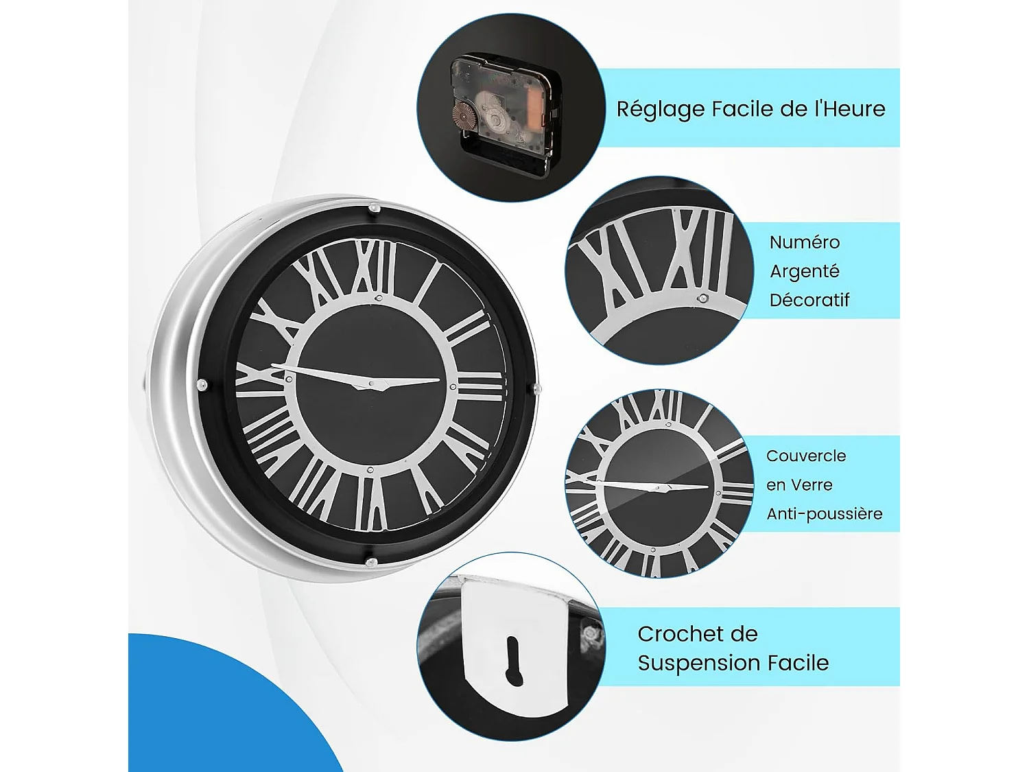 Horloge murale silencieuse de 45 cm, horloge ronde pour chambre bureau salon, noir+argent