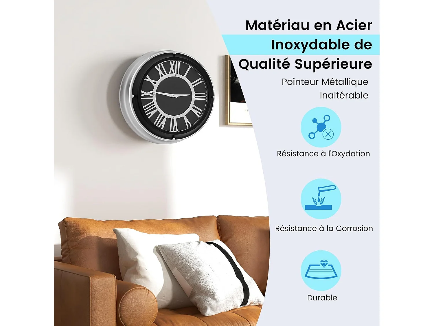 Horloge murale silencieuse de 45 cm, horloge ronde pour chambre bureau salon, noir+argent