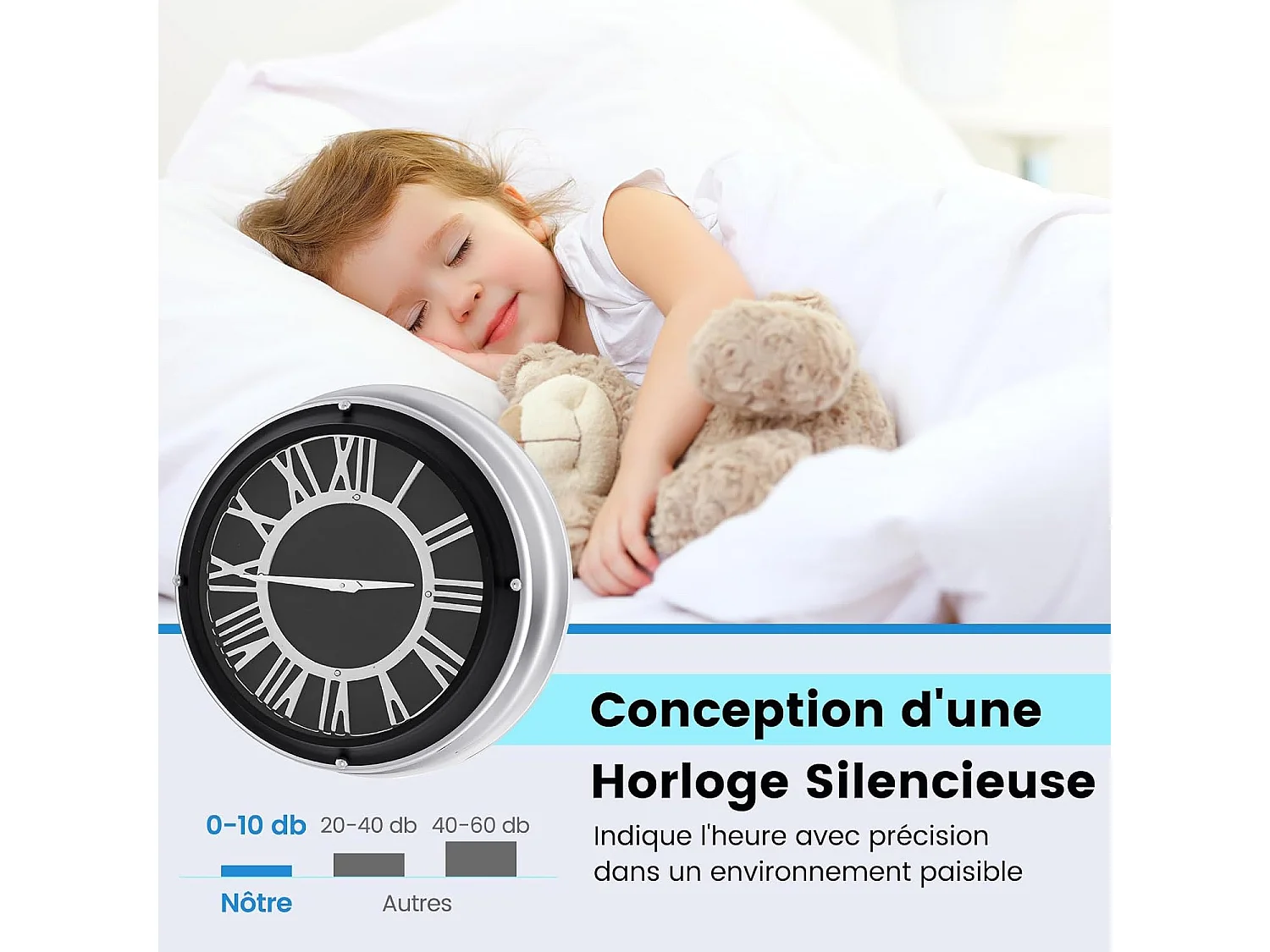 Horloge murale silencieuse de 45 cm, horloge ronde pour chambre bureau salon, noir+argent
