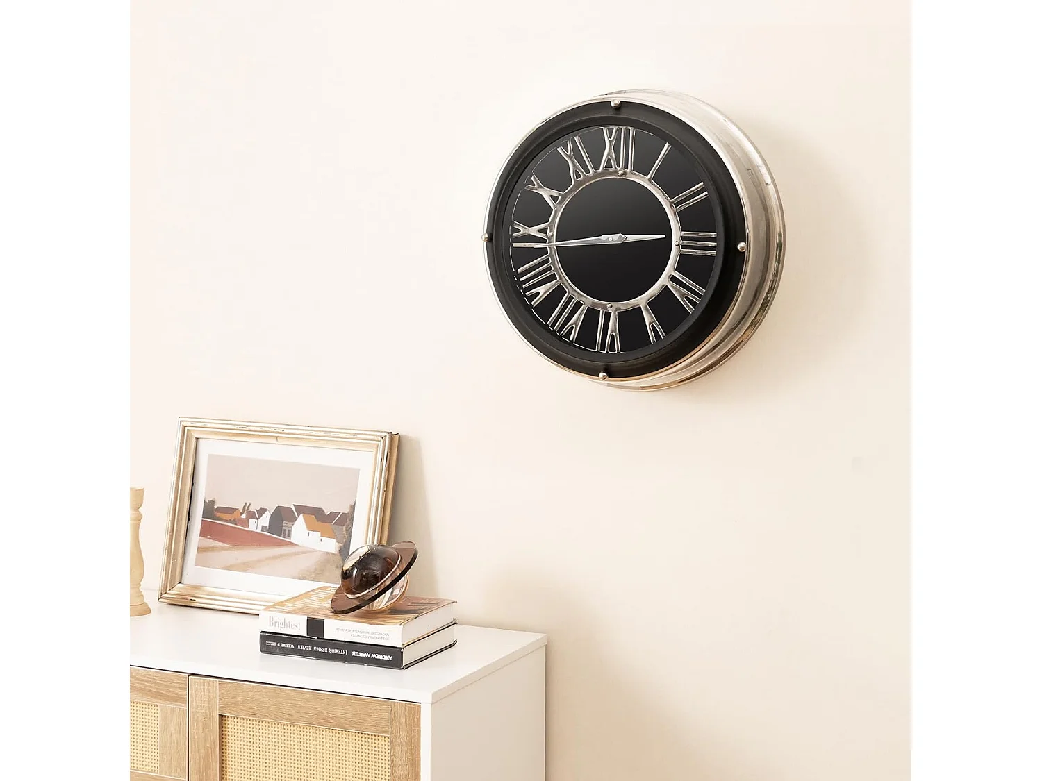 Horloge murale silencieuse de 45 cm, horloge ronde pour chambre bureau salon, noir+argent
