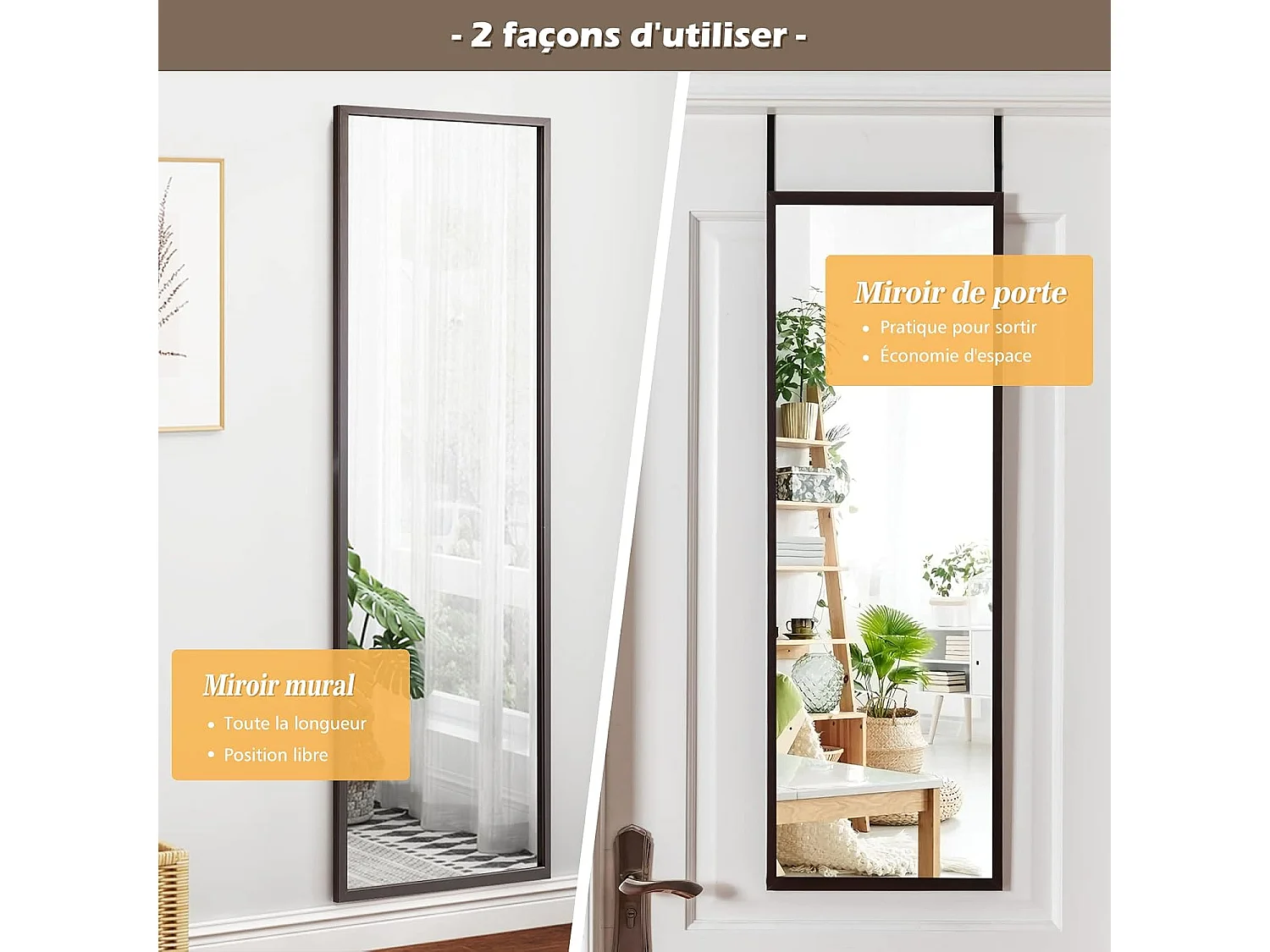 Miroir à suspendre sur porte avec crochets de suspension réglables, 36,5 x 107 cm (brun)