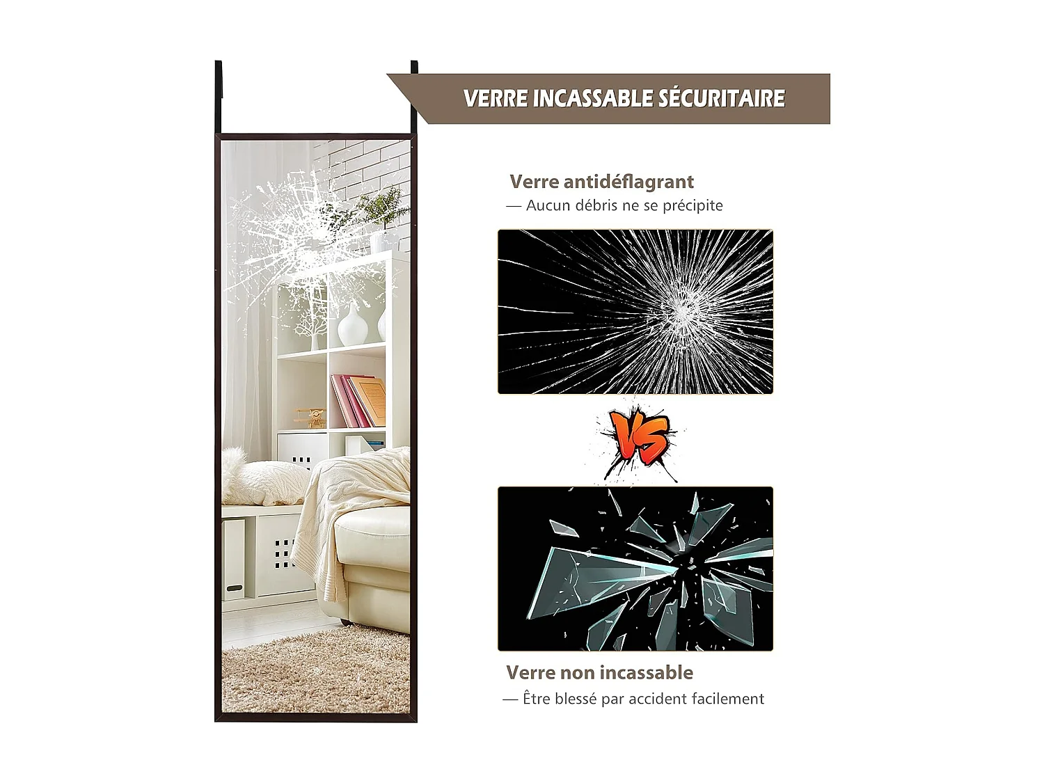 Miroir à suspendre sur porte avec crochets de suspension réglables, 36,5 x 107 cm (brun)