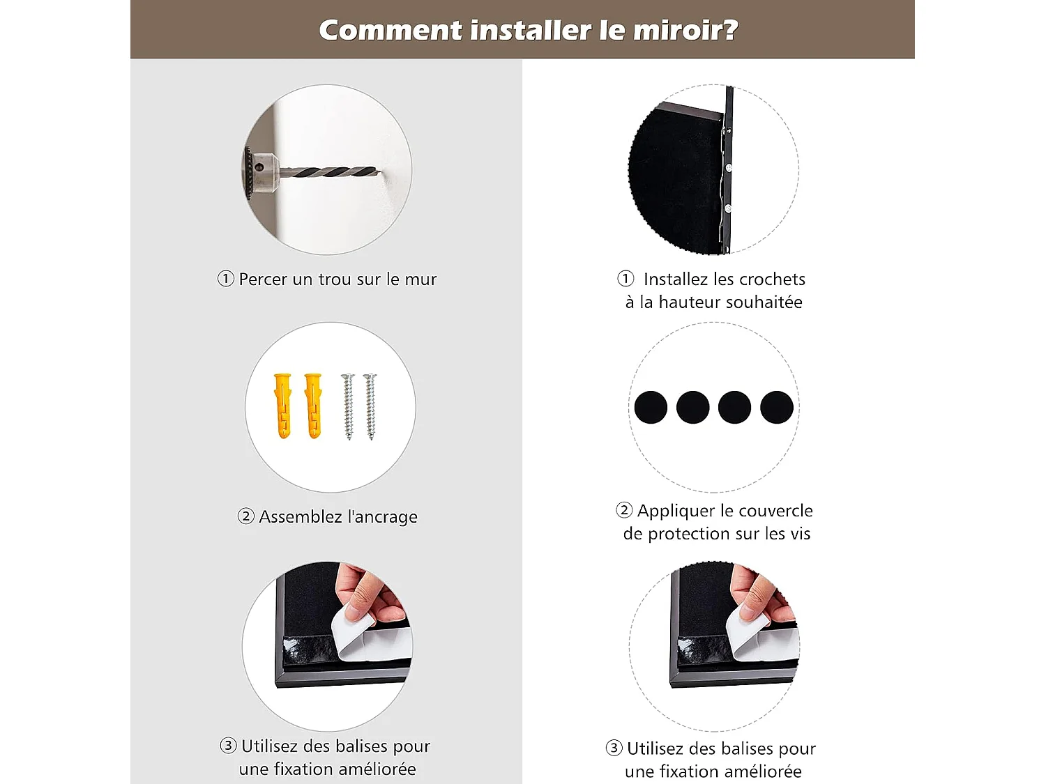 Miroir à suspendre sur porte avec crochets de suspension réglables, 36,5 x 107 cm (brun)