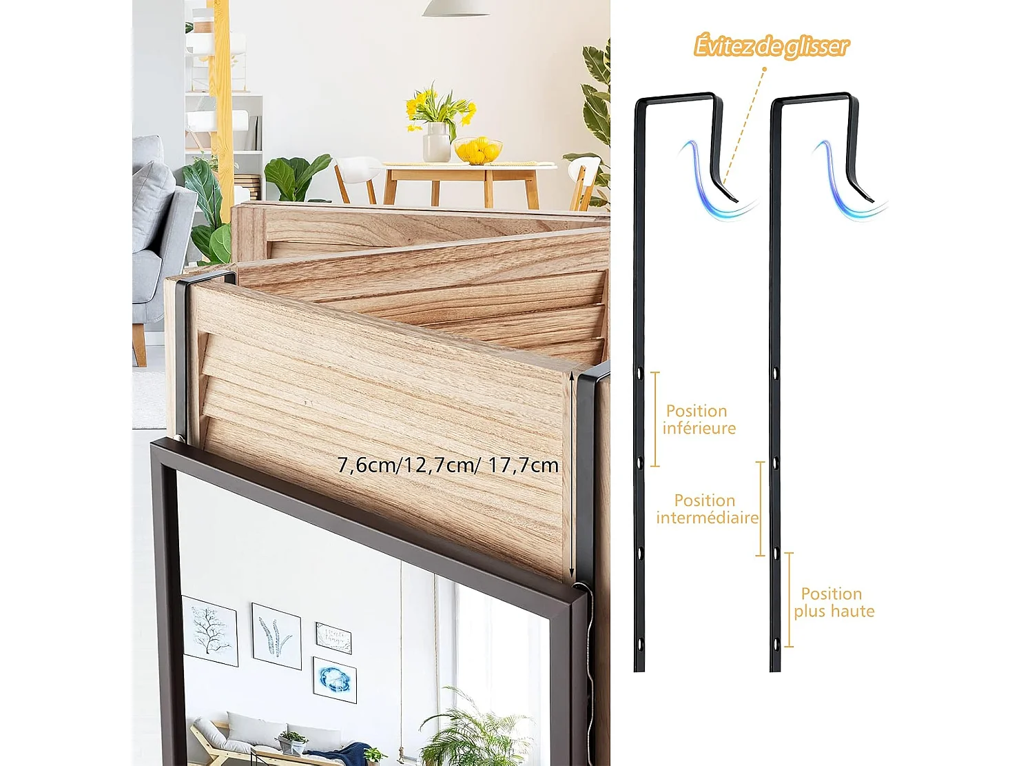 Miroir à suspendre sur porte avec crochets de suspension réglables, 36,5 x 107 cm (brun)