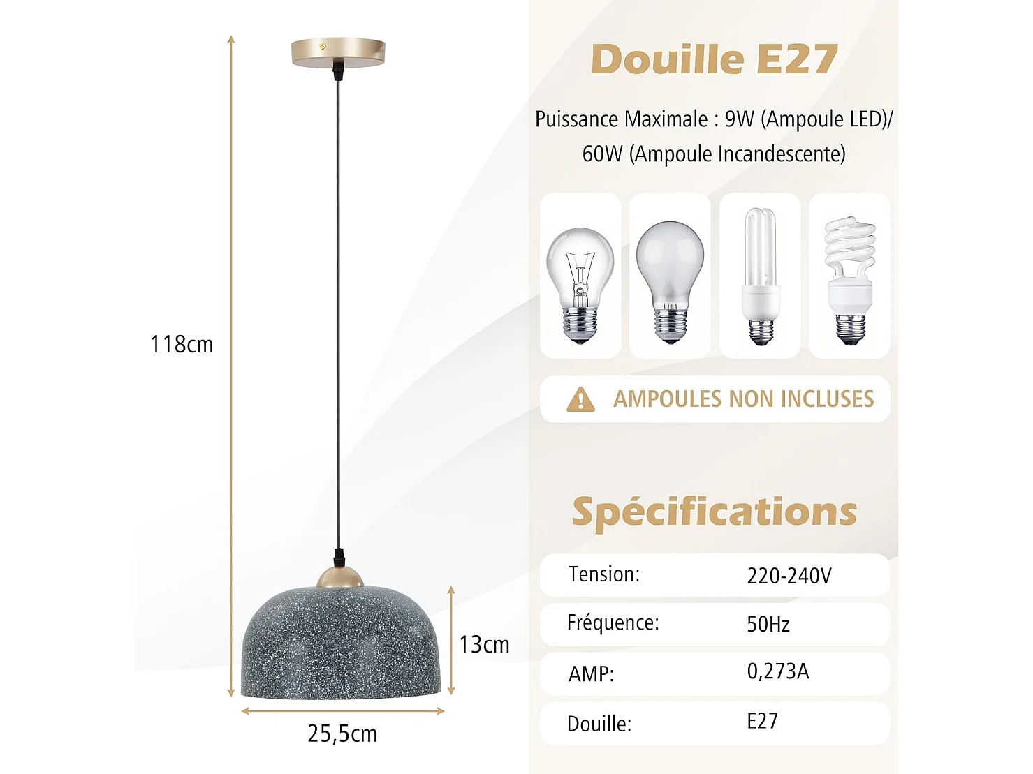 Lustre suspension moderne, plafonnier suspendu avec culot d'ampoule e27, gris foncé