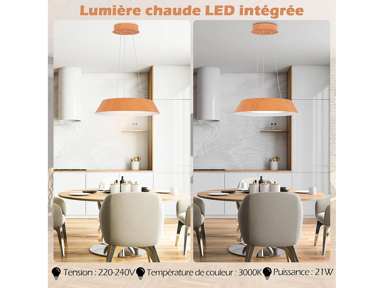 Lustre suspension moderne, luminaire led à lumière chaude 3000 k, ø 40 cm, naturel