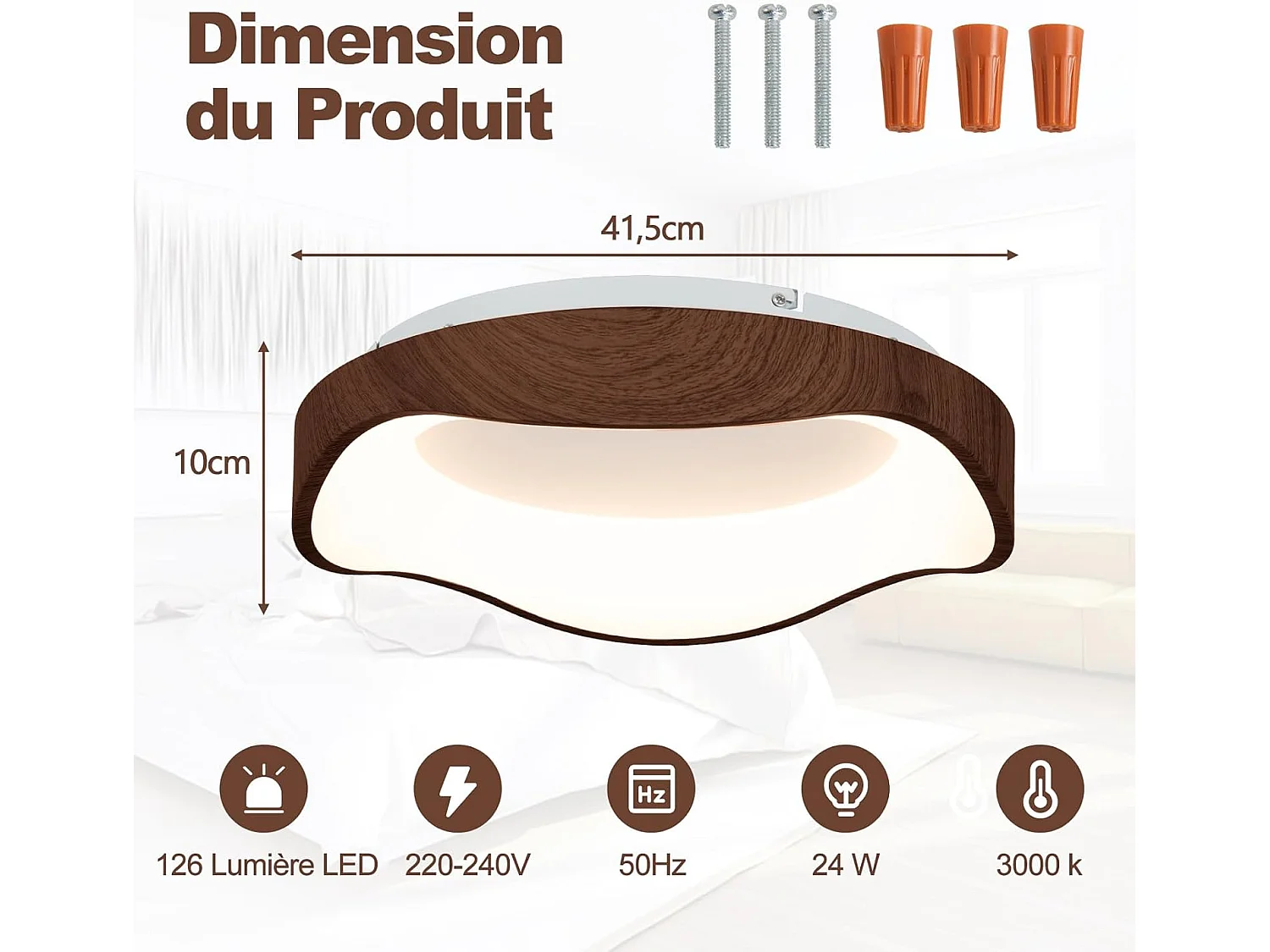 Plafonnier led 24w, éclairage de plafond 3000k à lumière chaude, ø41,5cm, marron
