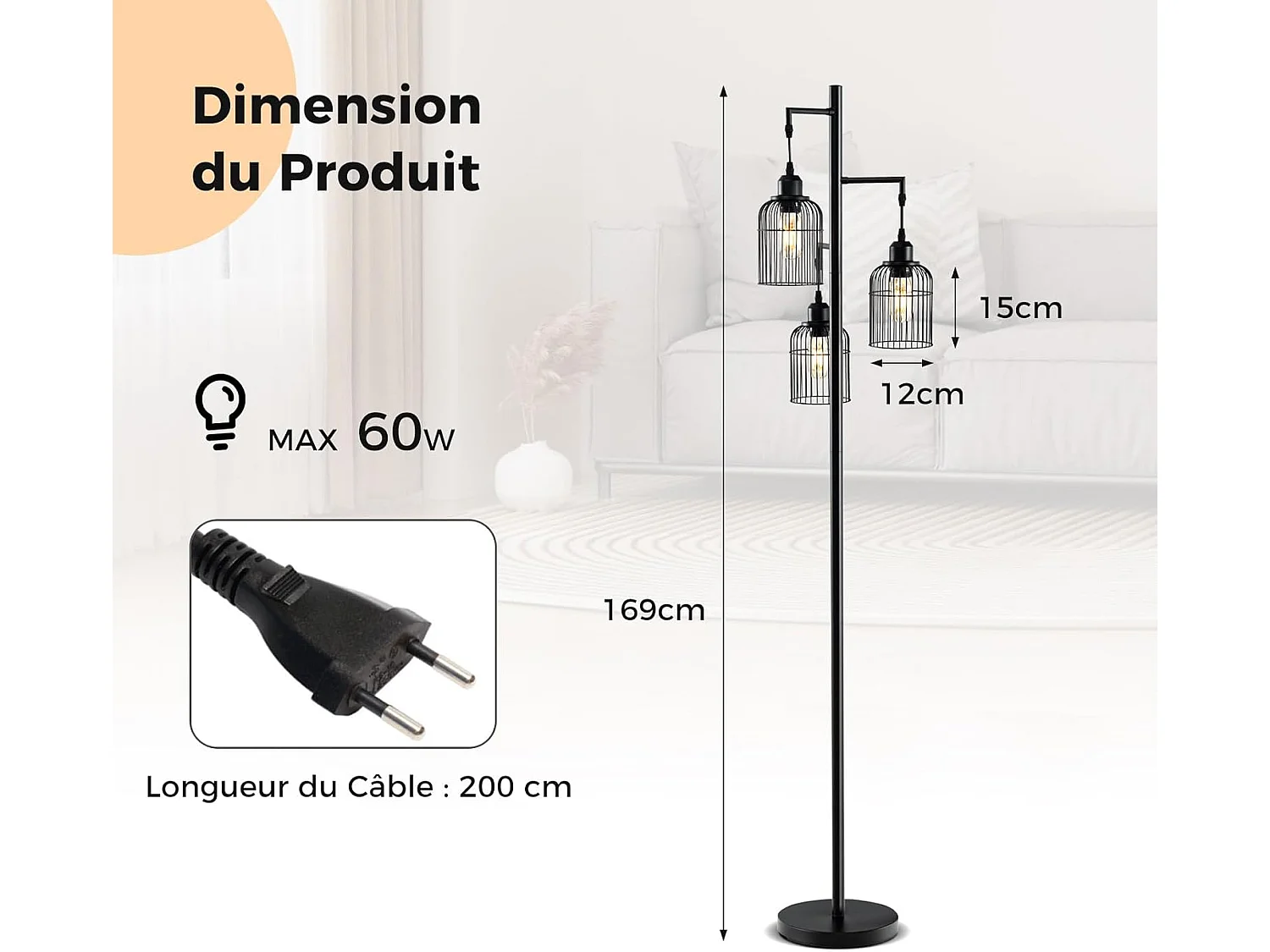 Lampadaire sur Pied Salon, Lampadaire Industriel 169 CM, 3 Abat-jours, Interrupteur au Pied, Base Robuste, 60W, Lampadaire Haut pour Bureau, Chambre, Salle d'Etude, Salle à Manger, Noir [Classe énergétique A]