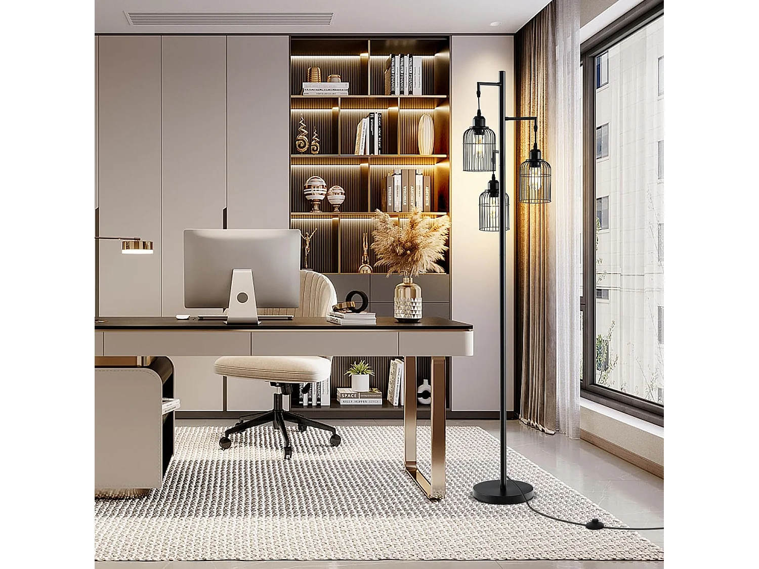 Lampadaire sur Pied Salon, Lampadaire Industriel 169 CM, 3 Abat-jours, Interrupteur au Pied, Base Robuste, 60W, Lampadaire Haut pour Bureau, Chambre, Salle d'Etude, Salle à Manger, Noir [Classe énergétique A]