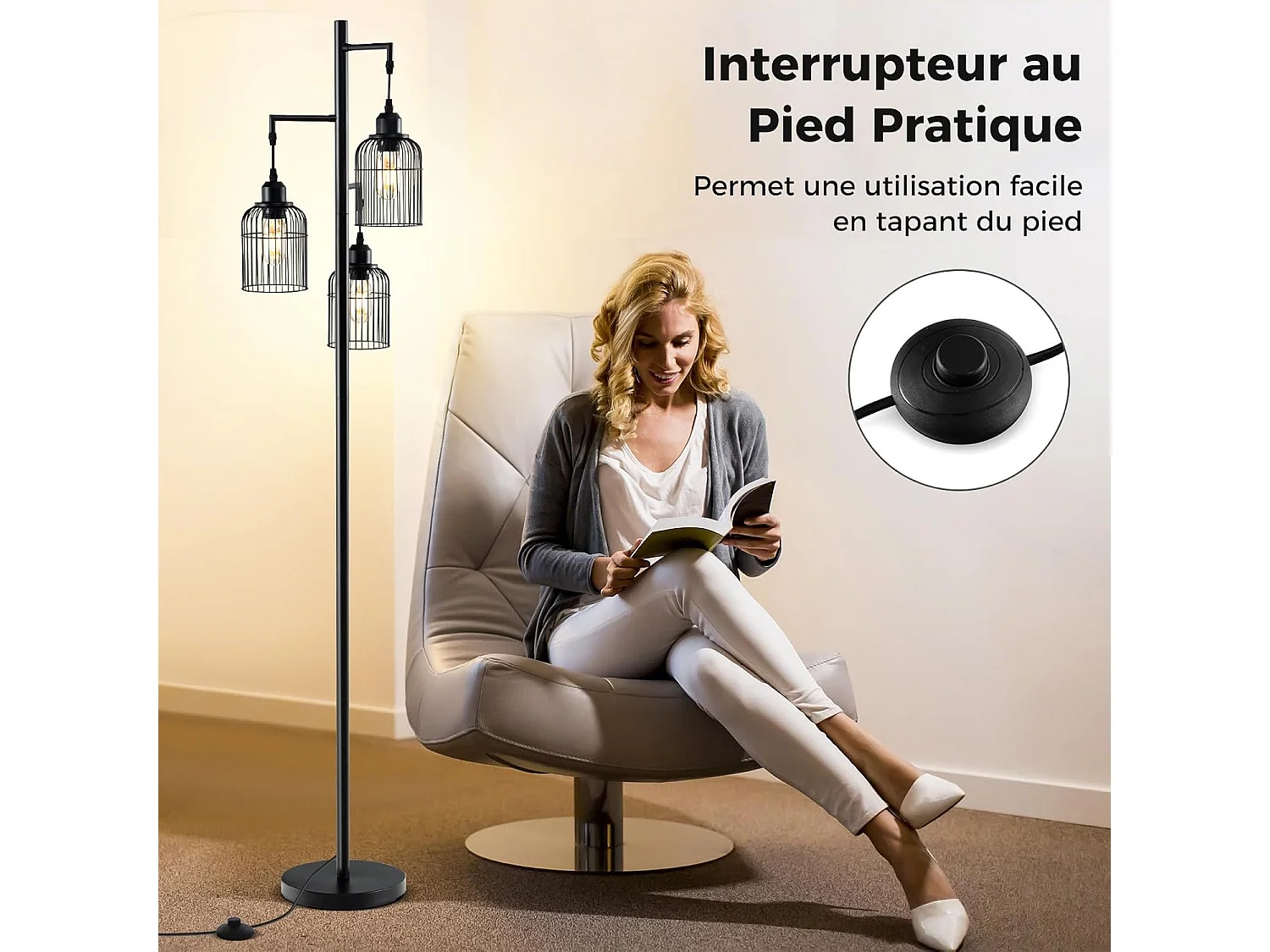 Lampadaire sur Pied Salon, Lampadaire Industriel 169 CM, 3 Abat-jours, Interrupteur au Pied, Base Robuste, 60W, Lampadaire Haut pour Bureau, Chambre, Salle d'Etude, Salle à Manger, Noir [Classe énergétique A]