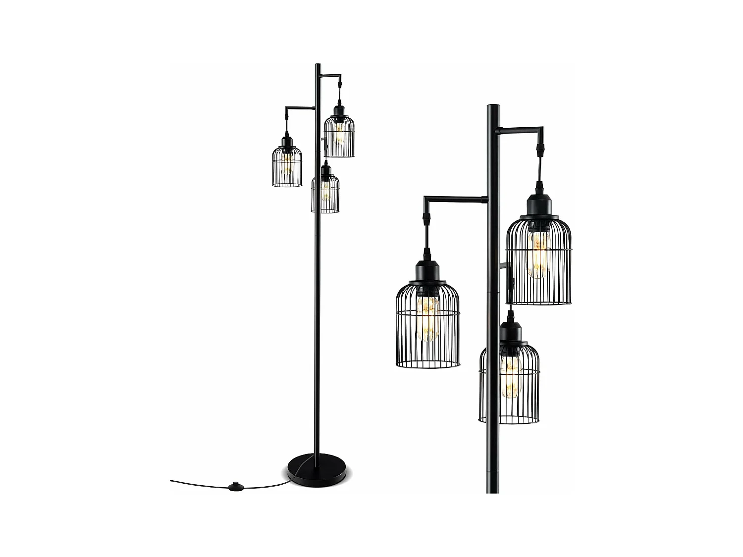 Lampadaire sur Pied Salon, Lampadaire Industriel 169 CM, 3 Abat-jours, Interrupteur au Pied, Base Robuste, 60W, Lampadaire Haut pour Bureau, Chambre, Salle d'Etude, Salle à Manger, Noir [Classe énergétique A]