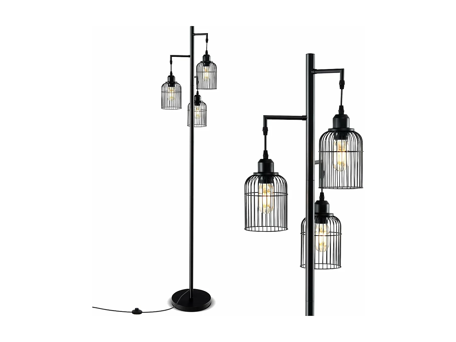 Lampadaire sur Pied Salon, Lampadaire Industriel 169 CM, 3 Abat-jours, Interrupteur au Pied, Base Robuste, 60W, Lampadaire Haut pour Bureau, Chambre, Salle d'Etude, Salle à Manger, Noir [Classe énergétique A]