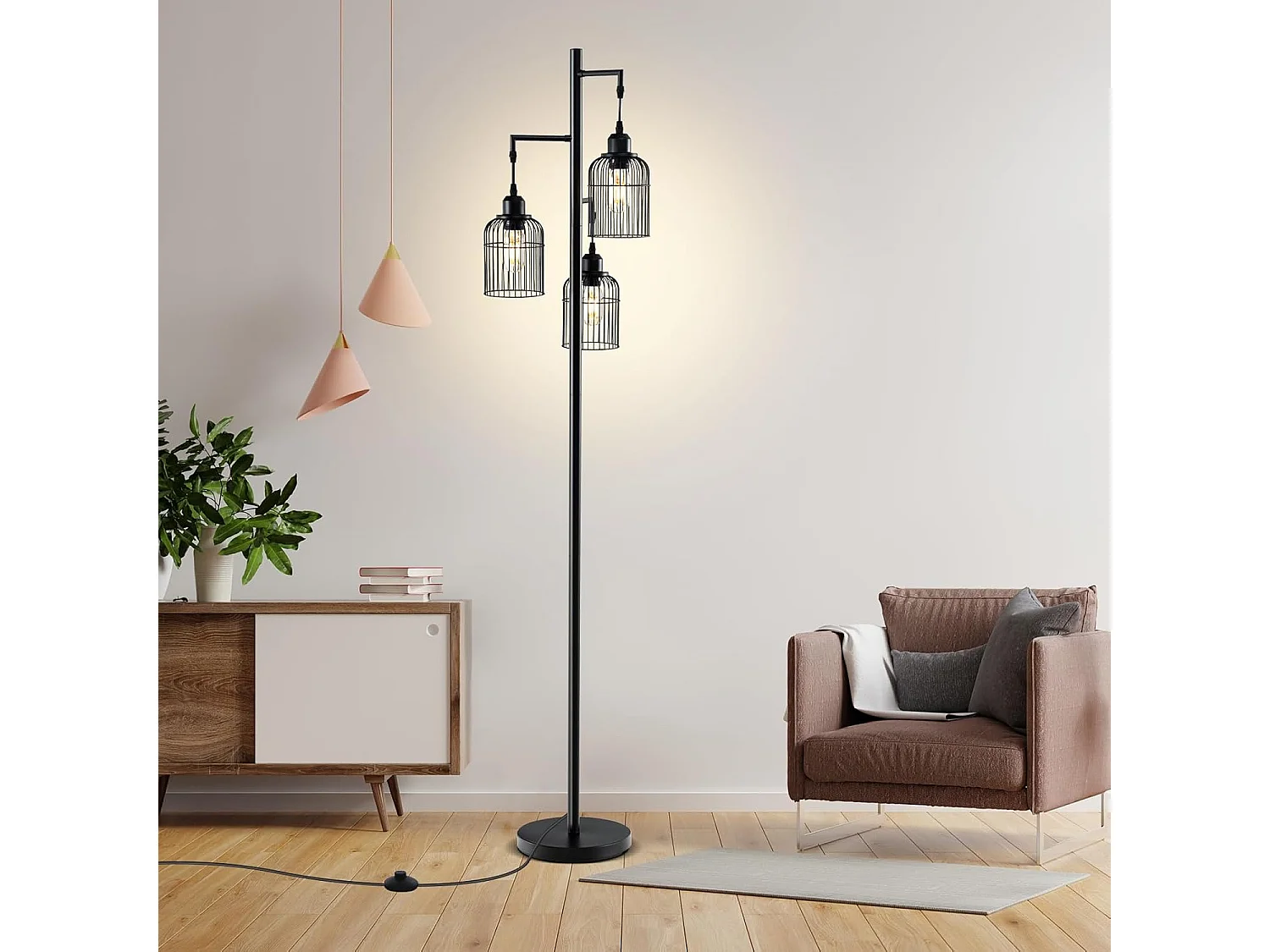 Lampadaire sur Pied Salon, Lampadaire Industriel 169 CM, 3 Abat-jours, Interrupteur au Pied, Base Robuste, 60W, Lampadaire Haut pour Bureau, Chambre, Salle d'Etude, Salle à Manger, Noir [Classe énergétique A]