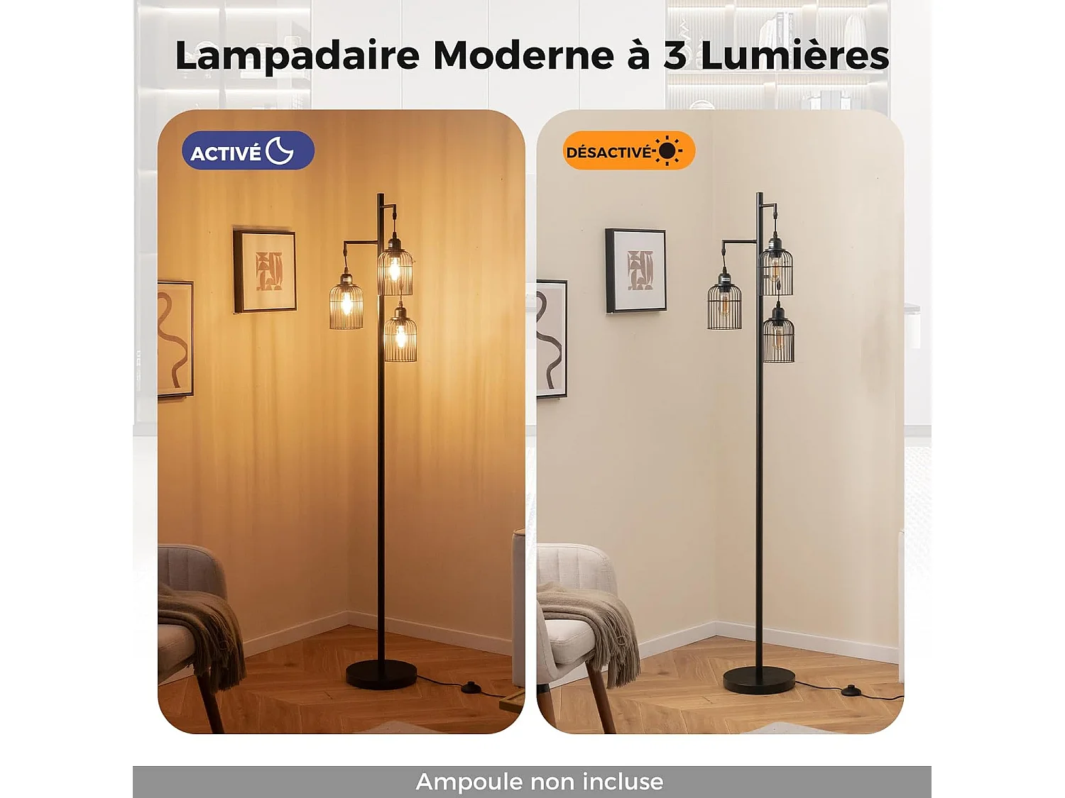 Lampadaire sur Pied Salon, Lampadaire Industriel 169 CM, 3 Abat-jours, Interrupteur au Pied, Base Robuste, 60W, Lampadaire Haut pour Bureau, Chambre, Salle d'Etude, Salle à Manger, Noir [Classe énergétique A]