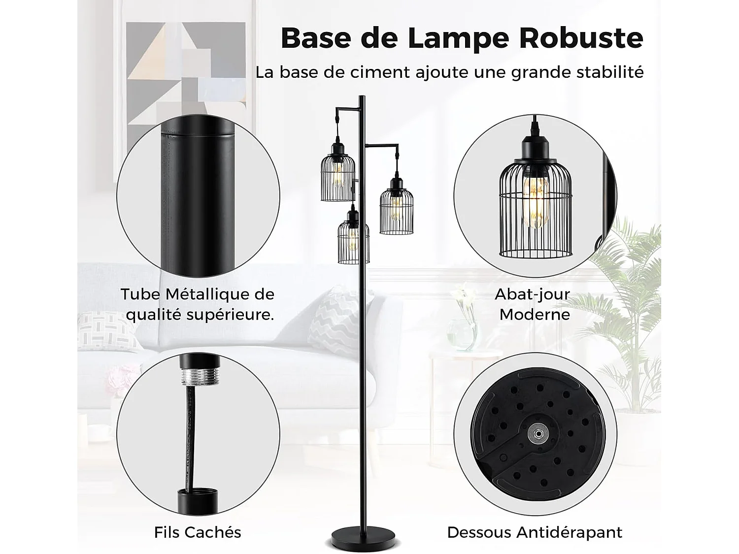 Lampadaire sur Pied Salon, Lampadaire Industriel 169 CM, 3 Abat-jours, Interrupteur au Pied, Base Robuste, 60W, Lampadaire Haut pour Bureau, Chambre, Salle d'Etude, Salle à Manger, Noir [Classe énergétique A]