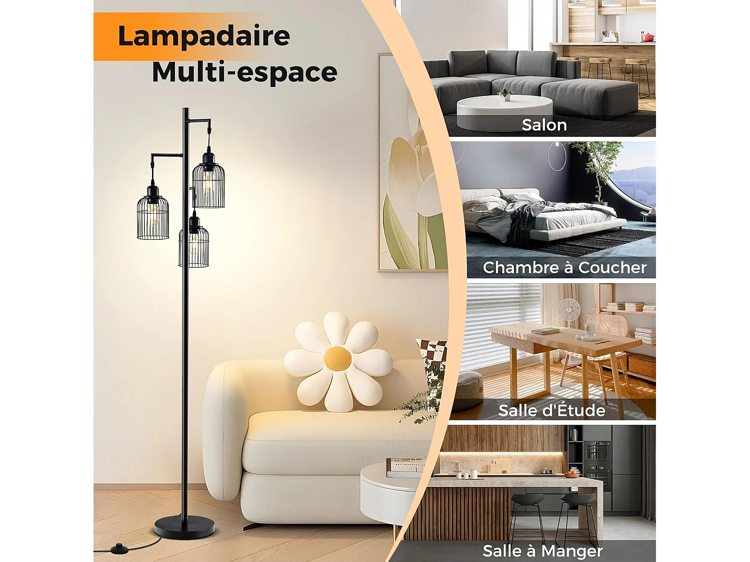 Lampadaire sur Pied Salon, Lampadaire Industriel 169 CM, 3 Abat-jours, Interrupteur au Pied, Base Robuste, 60W, Lampadaire Haut pour Bureau, Chambre, Salle d'Etude, Salle à Manger, Noir [Classe énergétique A]