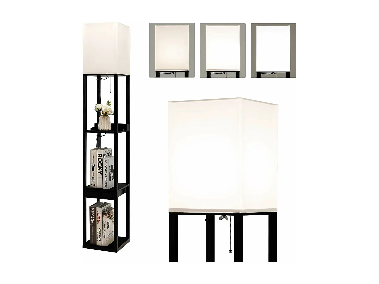 Lampadaire sur Pied Salon Moderne avec LED E27 Variable de 5000K et 1 Port USB, Lampe Salon sur Pied 160cm 3 Étagères Ouvertes et 1 Tiroir, Montage Facile