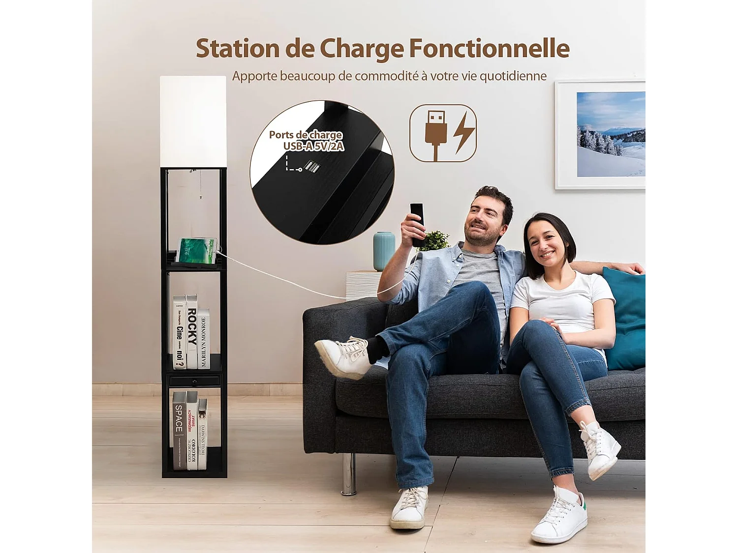 Lampadaire sur Pied Salon Moderne avec LED E27 Variable de 5000K et 1 Port USB, Lampe Salon sur Pied 160cm 3 Étagères Ouvertes et 1 Tiroir, Montage Facile