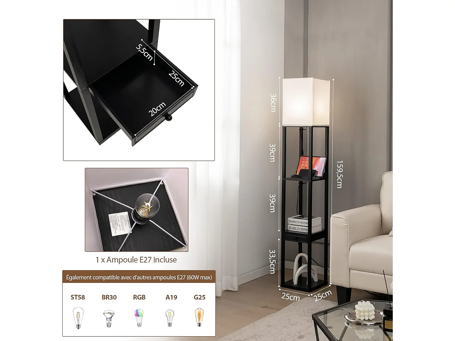 Lampadaire sur Pied Salon Moderne avec LED E27 Variable de 5000K et 1 Port USB, Lampe Salon sur Pied 160cm 3 Étagères Ouvertes et 1 Tiroir, Montage Facile